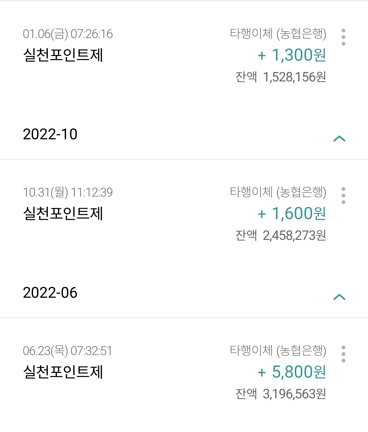 실천포인트 입금 내역