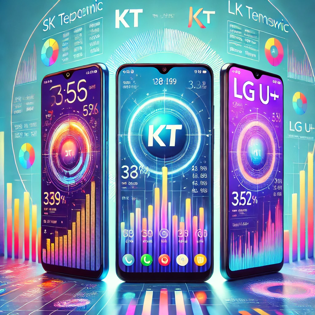 SKT, KT, LG U+ 통신사 로고가 표시된 스마트폰 3대를 비교하는 이미지. 데이터 및 네트워크 요금제 차트를 배경으로 하는 통신사 비교 썸네일