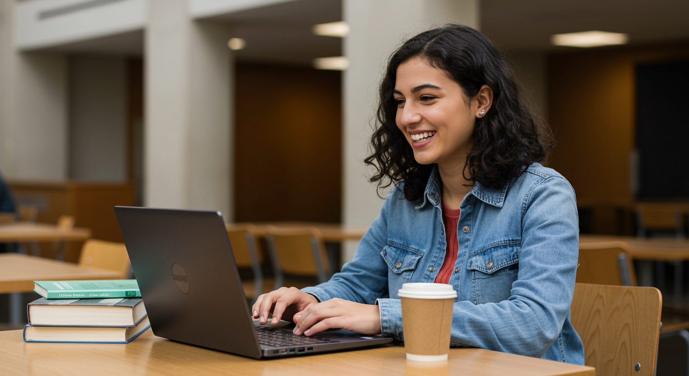 (Image Prompt: A vibrant photo of a university student sitting at a campus cafe table, smiling while using a Windows laptop. Textbooks and a coffee cup are nearby. Bright, optimistic atmosphere. Style: Lifestyle photograph.)