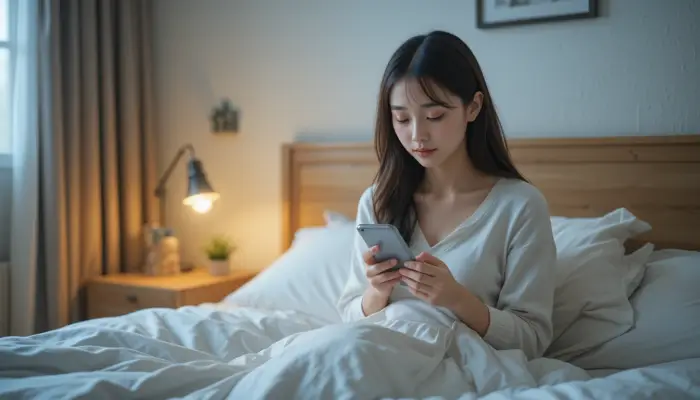휴대폰을 끄고 잠자리에 드는 한국인 여성