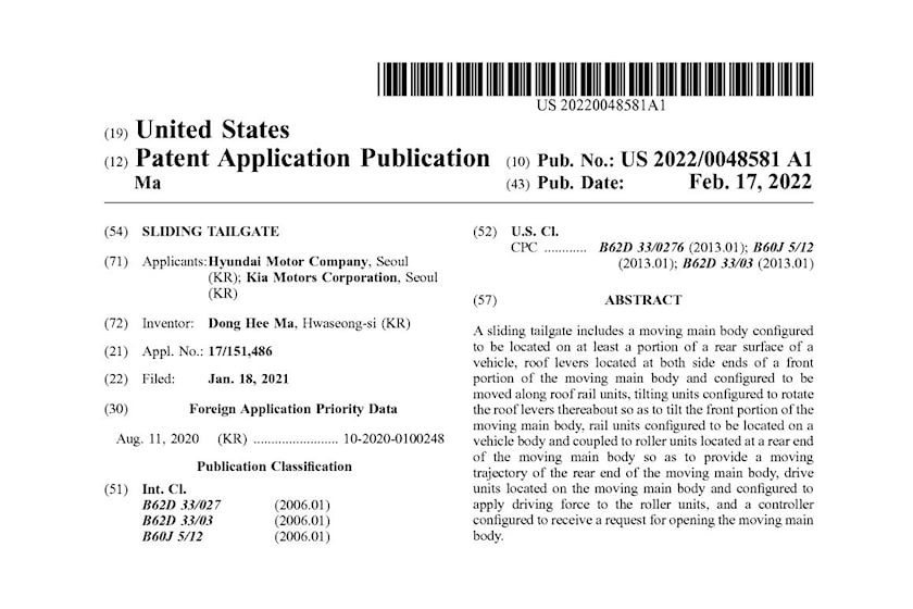 미국에서 특허 출원된 현대차 그룹의 슬라이딩 테일게이트 요약 내용입니다.