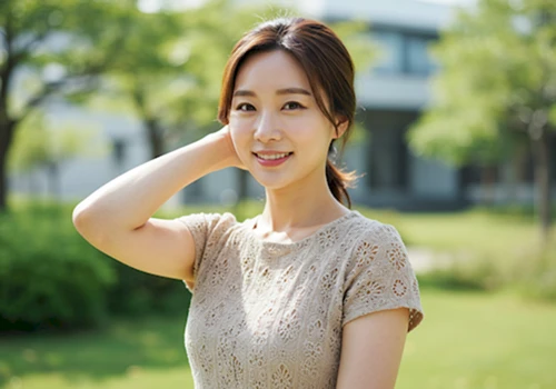 짧은 소매 옷을 입고 건강하고 매끈해진 팔을 자신감 있게 드러내며 미소 짓는 한국 여성의 모습이 사실적으로 묘사된 사진