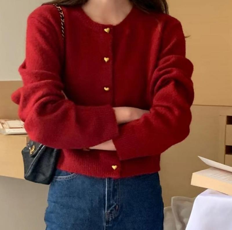 자켓 하트 단추 크롭 레드가디건