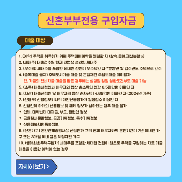 신혼부부전용 구입자금 대출 대상에 대해 정리한 표입니다.