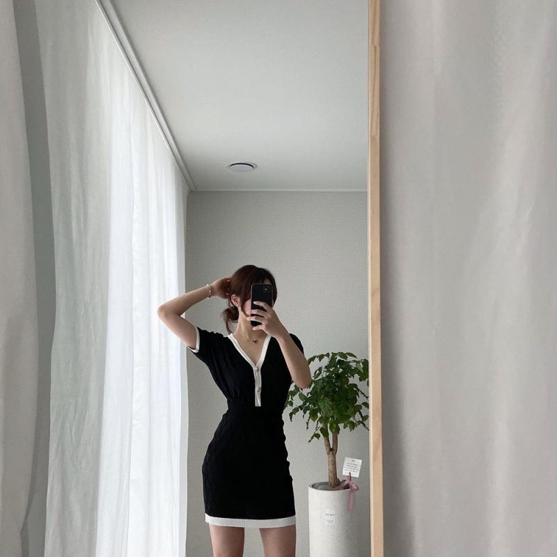 배색 니트 반팔 투피스 set
