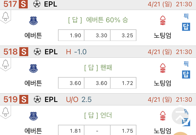 [진짜총판] 4월21일 에버튼 VS 노팅엄 해외축구분석