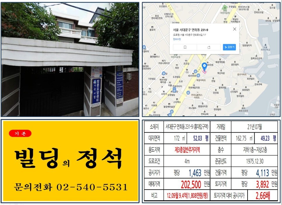  [서대문구 서부선 경전철 신축부지 20억 꼬마빌딩 실거래가 조회] 연희동 231-9 (홍대입구역) 20억 2,500만 원, 평당 3,892만 원