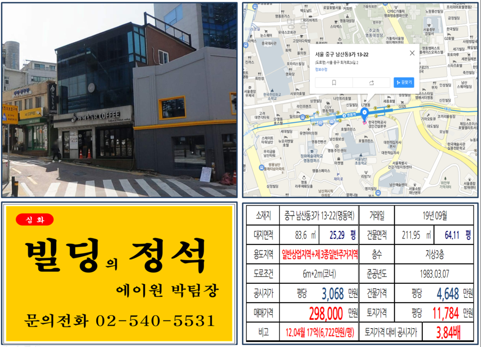  [중구 명동역세권 대로변 코너빌딩 실거래가 조회] 남산동3가 13-22 (명동역) 29.8억 원, 평당 11,784만 원, 대로변 초역세권 커피