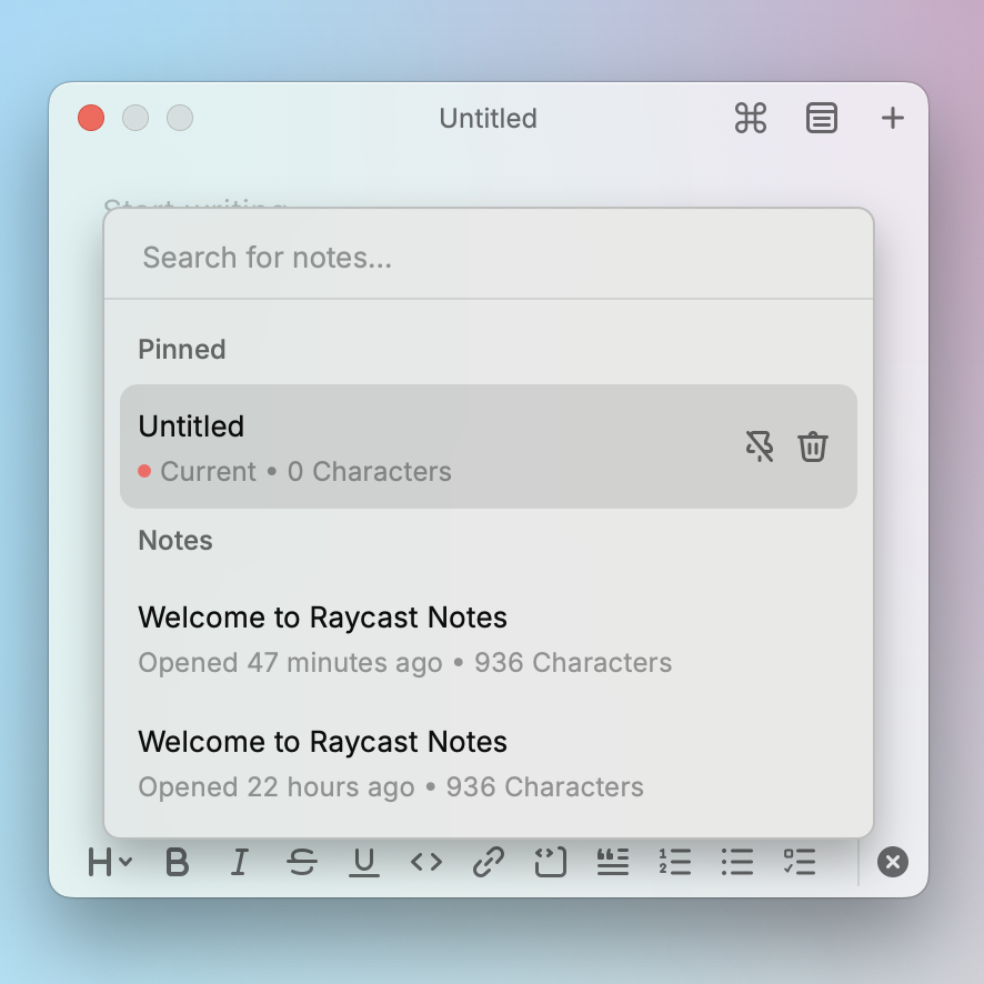 탐색 탭에서 노트가 고정된 모습