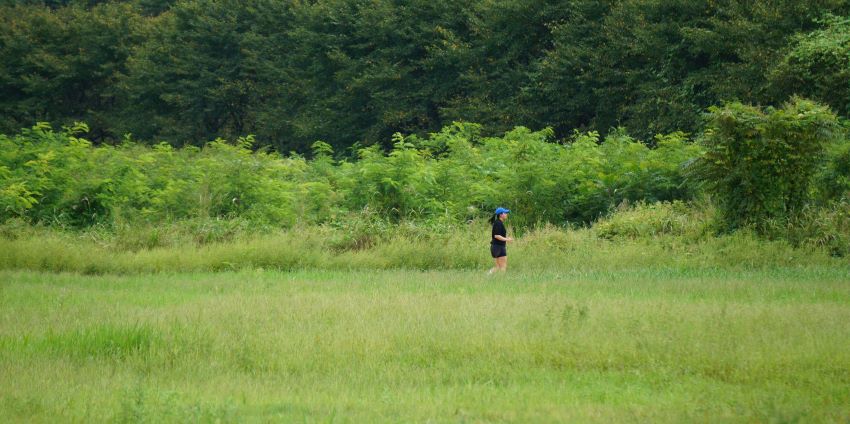 낙하마당 풀밭&#44; 초원을 조깅 중인 여성 1&#44; 검은 옷&#44; 반바지&#44; 파란 모자&#44;