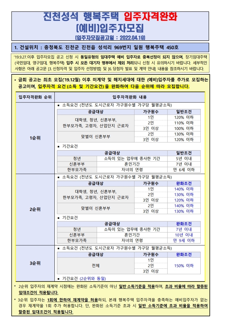  진천성석 행복주택 입주자격완화 (예비)입주자 모집 공고문