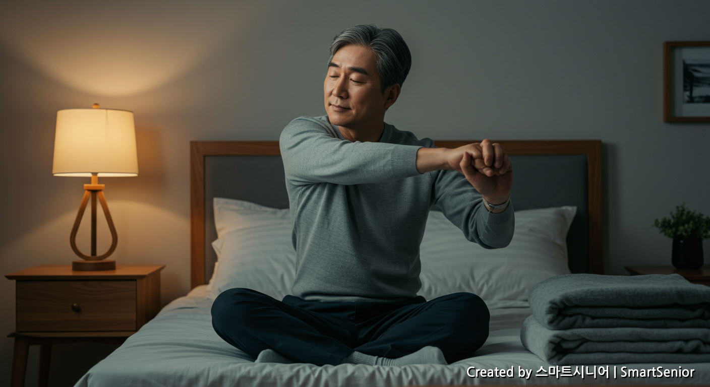 자기 전 스트레칭과 회복의 밤 시간을 보내는 50대 60대 남성