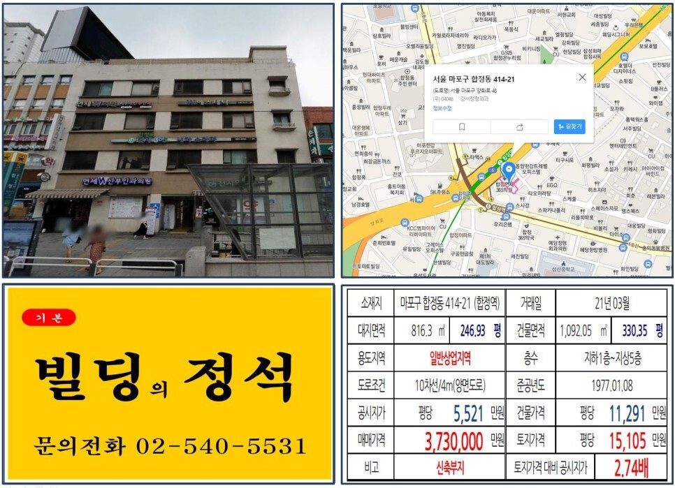  [마포구 양화로 대로변 300억 신축부지빌딩 실거래가 조회] 합정동 414-21 (합정역) 373억 원, 평당 1억 5,105만 원 매매되었습니다. 메세나폴리스, 마포한강푸르지오