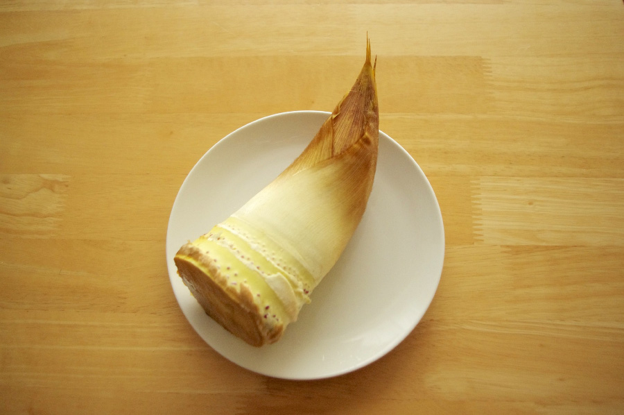 야생에서 채취를 한 죽순을 껍질을 잘 벗겨낸 후에 노란 속 알맹이만을 잘 세척해서 동그랗고 하얀 접시 위에 놓고 찍은 사진