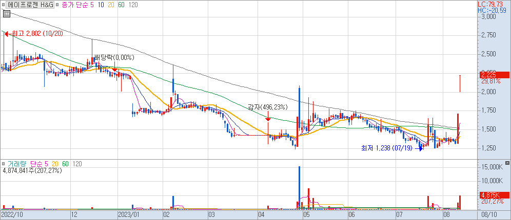 에이프로젠 H&G 차트 2023.08.10