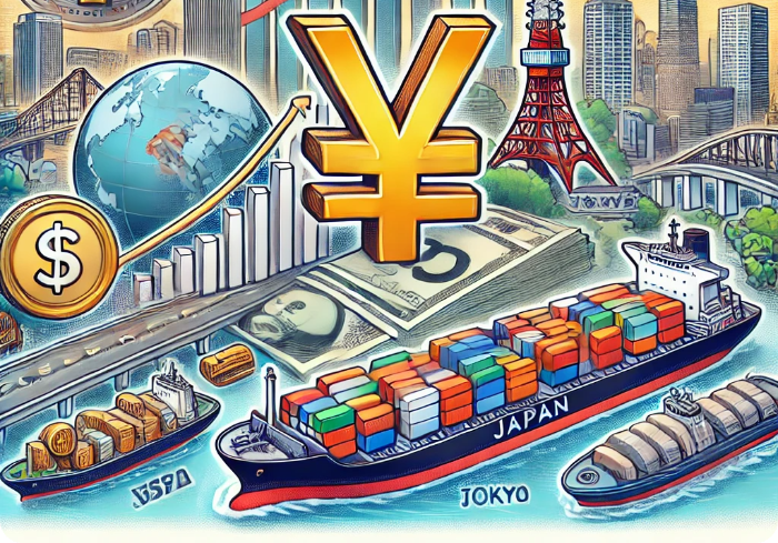 일본 엔화 가치 상승의 원인을 묘사한 일러스트레이션. 이미지에는 상승하는 GDP 차트로 나타난 강력한 일본 경제, 일본을 향하는 화살표로 표시된 증가하는 외국인 투자, 상품으로 가득 찬 화물선으로 묘사된 높은 수출 수요, 그리고 엔화를 선호하는 환율이 포함되어 있습니다. 배경에는 경제 성장과 안정성을 나타내는 금융 지구 건물들이 있는 활기찬 도쿄 스카이라인이 보입니다.