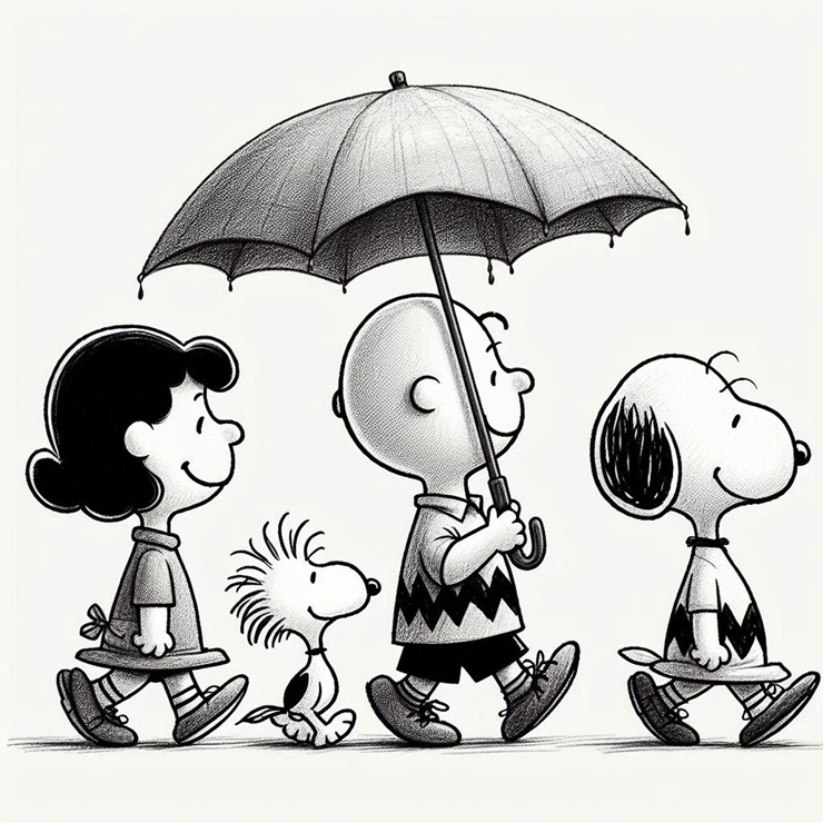 Draw a side view of Charlie Brown, Snoopy, Woodstock, and Lucy walking side by side with a large umbrella with a pencil sketch effect.