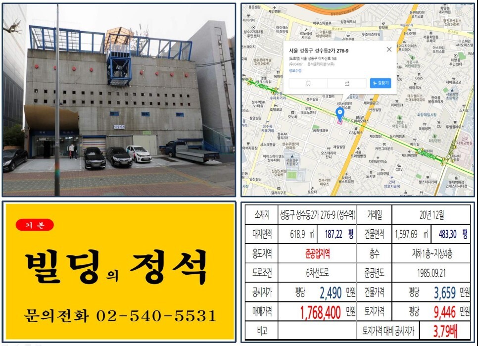  [성동구 성수사거리 100억 빌딩 실거래가 조회] 성수동2가 276-9 (성수역) 176억 8,400만 원, 평당 9,446만 원 매매되었습니다