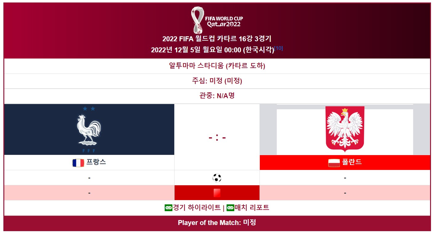 카타르 월드컵 16강 3경기 (프랑스 VS 폴란드)