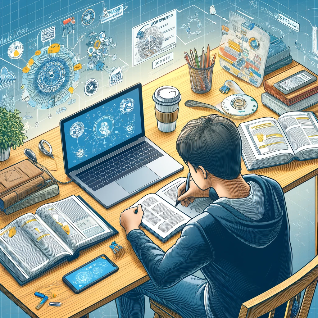 공부하는 어려움을 극복하고 있는 동아시아계 인물이 잘 정돈된 학습 공간에서 책상에 앉아 있다. 책상 위에는 학습 타이머가 표시된 노트북, 교재, 학습 앱이 실행 중인 스마트폰, 노트, 마인드맵, 커피잔이 보인다.