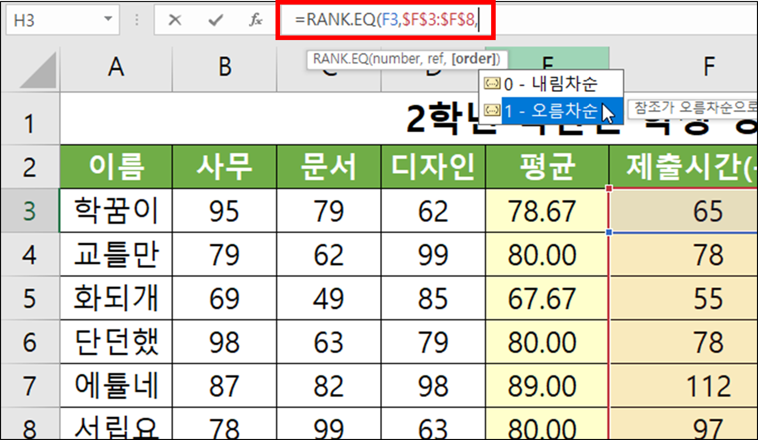 엑셀 함수 - RANK.EQ(순위, 등수, 석차 구하기)-22