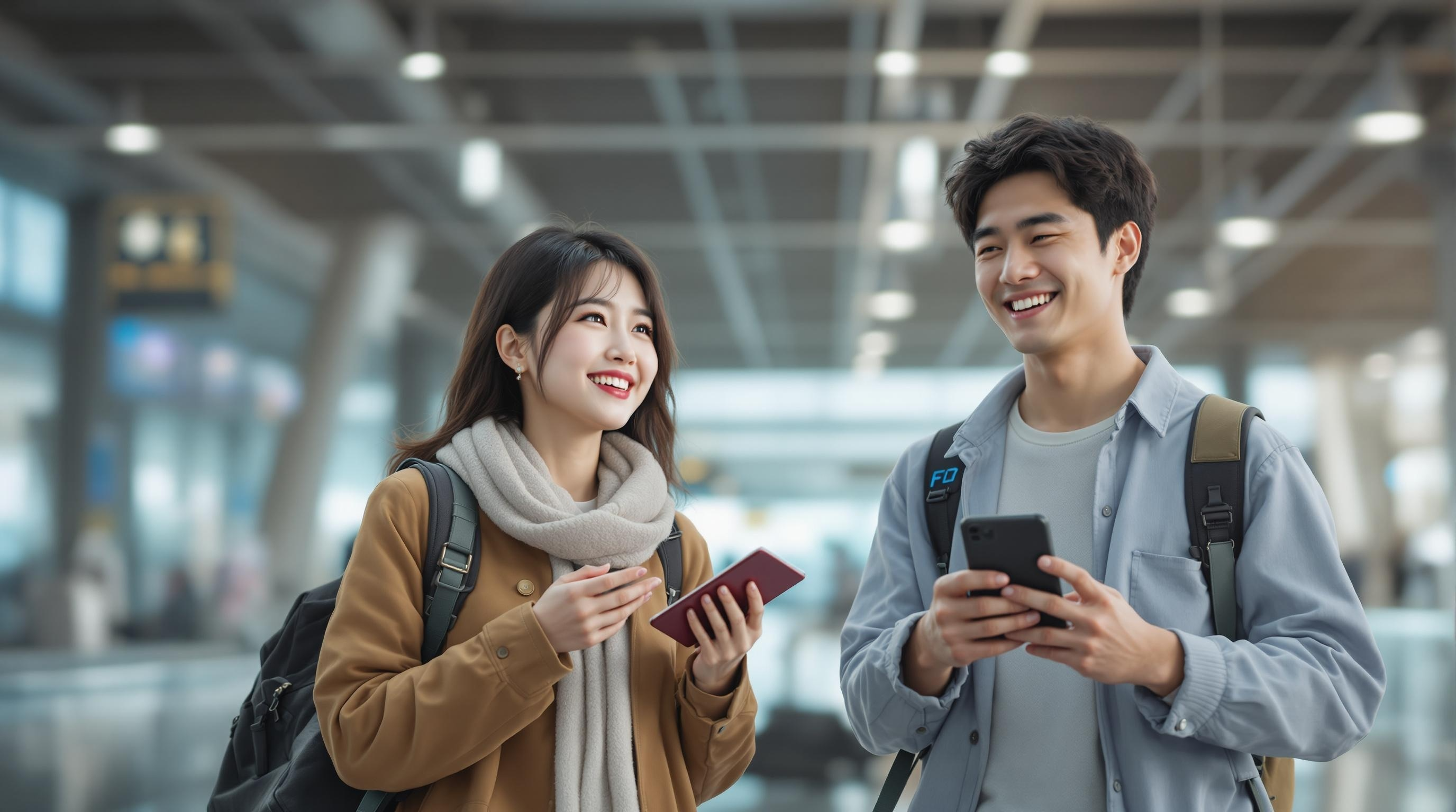 남녀가 공항에서 비행시간을 기다리는 모습