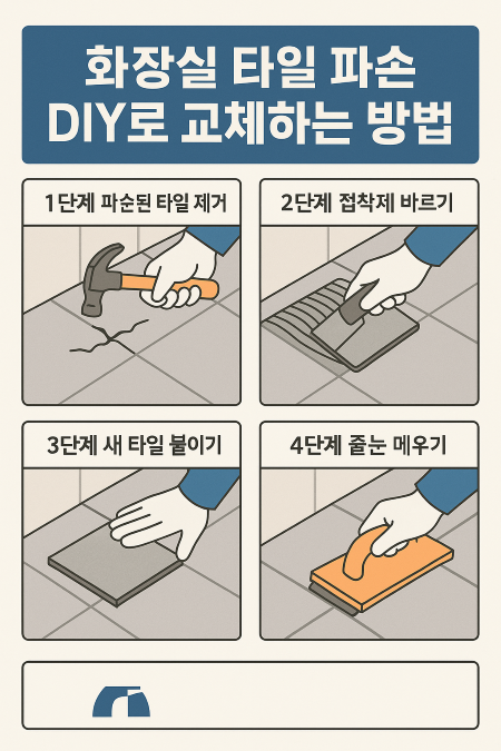 화장실 타일 파손 DIY 교체 방법을 4단계로 설명한 한국어 인포그래픽으로, 타일 제거, 접착제 바르기, 새 타일 붙이기, 줄눈 메우기 과정을 그림과 함께 보여주는 이미지