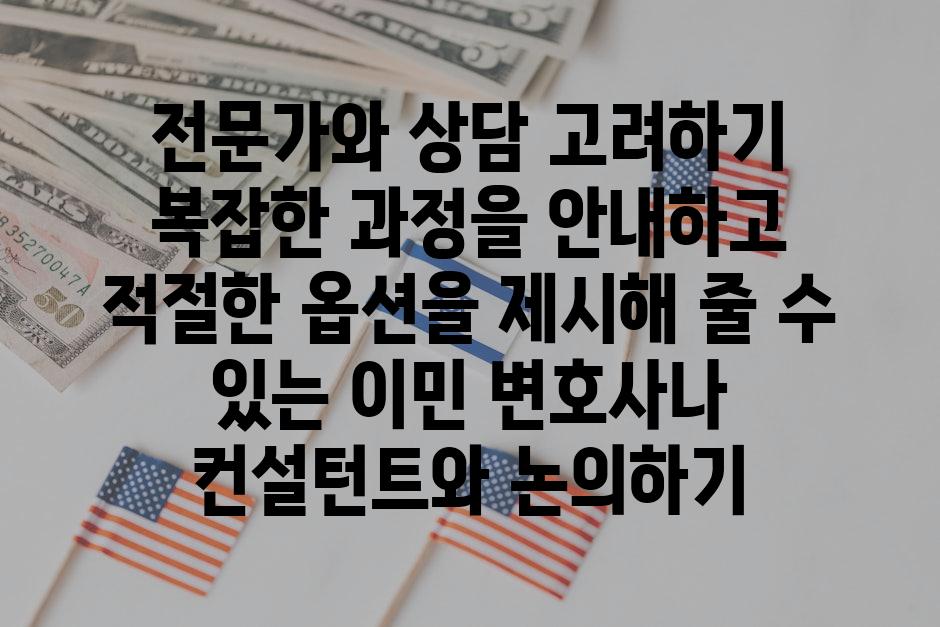 전문가와 상담 고려하기 복잡한 과정을 안내하고 적절한 옵션을 제시해 줄 수 있는 이민 변호사나 컨설턴트와 논의하기