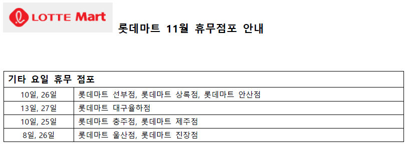 11월 롯데마트 휴무일 - 기타요일