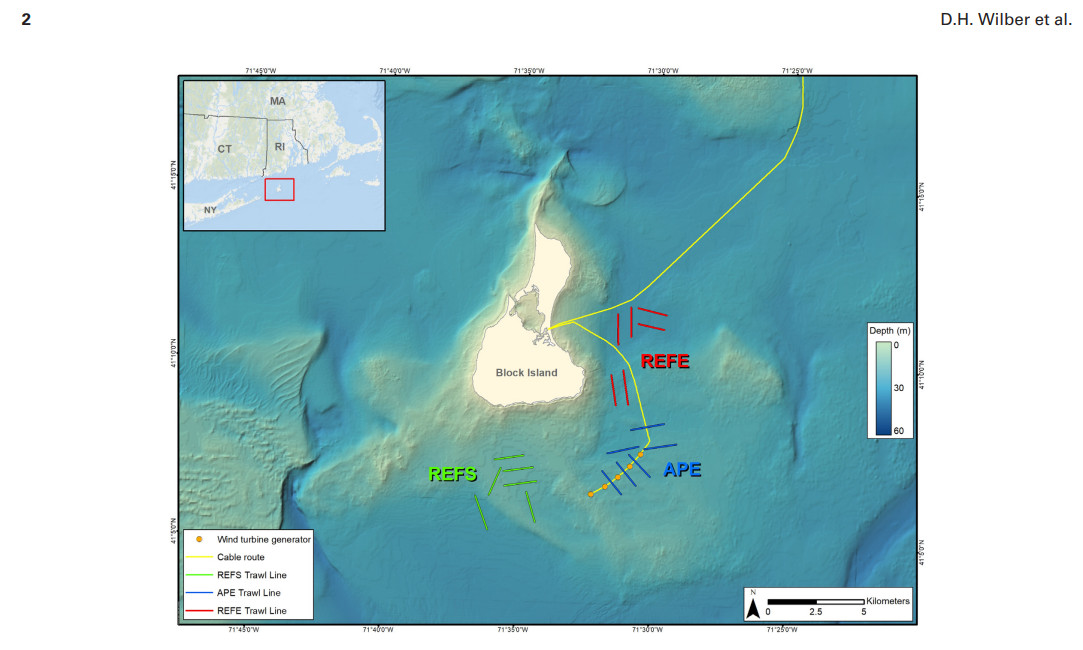 Block Island Wind Farm demersal fish trawl study area with the locations of the six fixed trawl lines in each survey area; the Area of Potential
Effect (APE)&#44; Reference Area South (REFS)&#44; and Reference Area East (REFE
