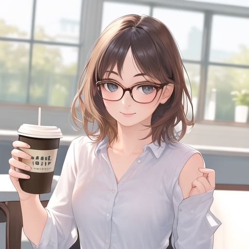 귀엽고 섹시한 여인이 커피를 들고 볼이 빨개져 있는 풋풋한 그림