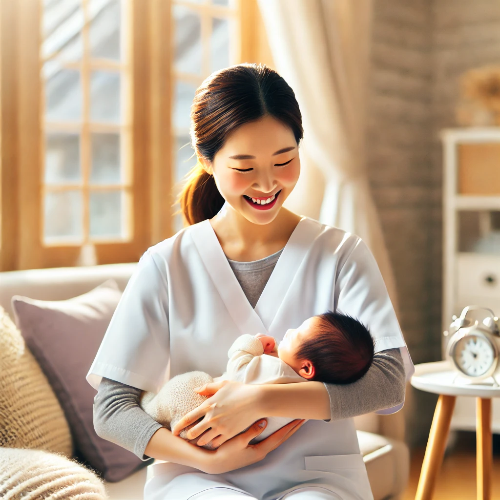 따뜻한 햇살이 비치는 아늑한 가정에서 한국인 산모가 신생아를 안고 있으며, 전문 산후 도우미가 친절하게 돕고 있다. 도우미는 깔끔한 유니폼을 착용하고 있으며, 산모는 편안한 표정으로 아기를 바라보고 있다. 주변 환경은 부드러운 가구와 자연광이 조화를 이루며 따뜻하고 안정적인 분위기를 연출하고 있다.