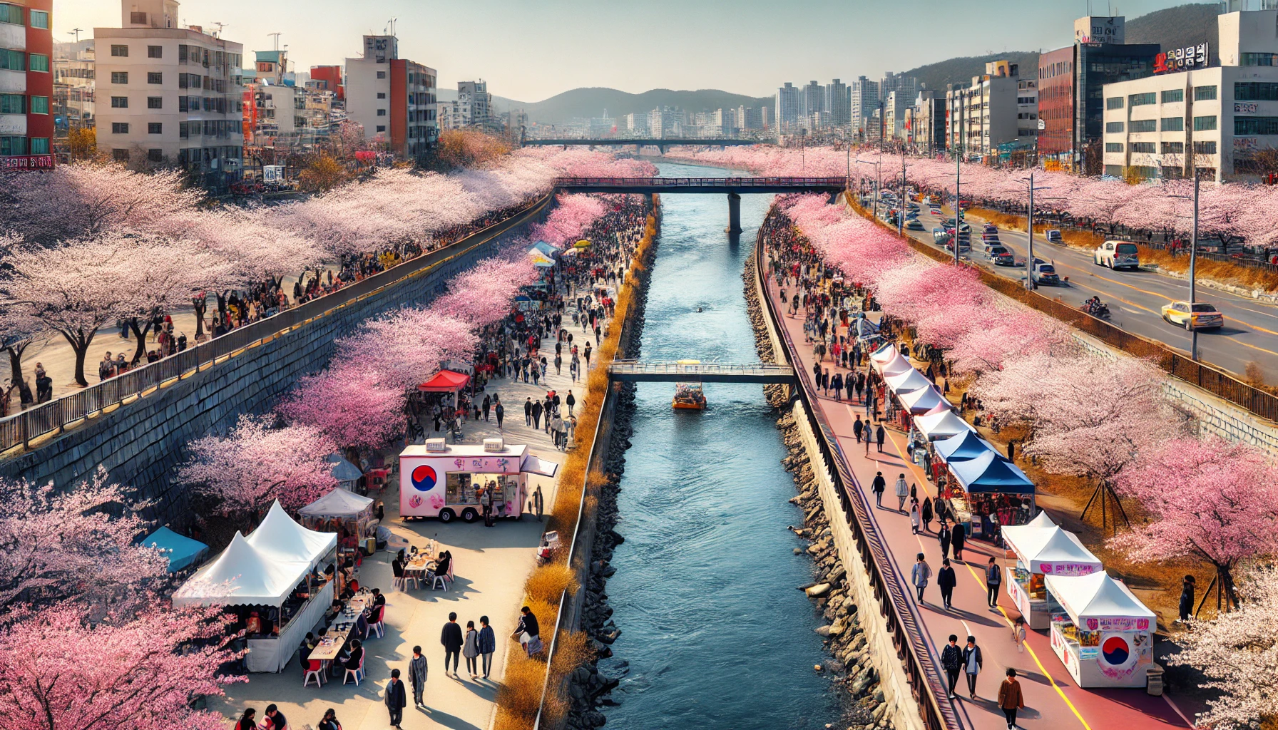 낙동강 주변으로벚꽃길을 산책하는 사람들