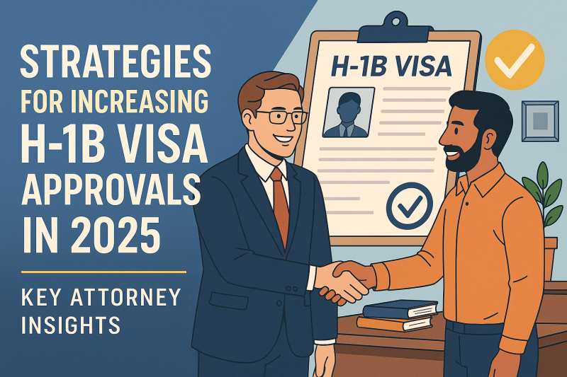 Attorney advising an applicant on strategies to increase H-1B visa approvals in 2025, with checklist and handshake symbolizing success