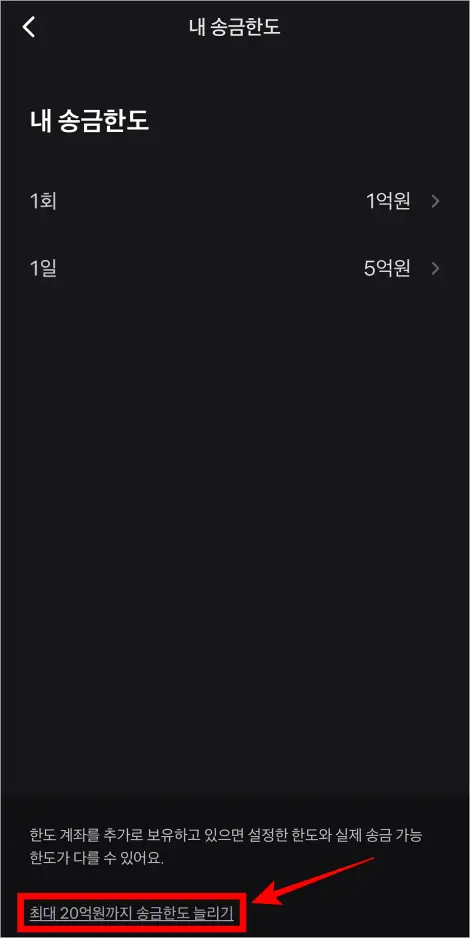 내 송금한도 화면 하단의 &amp;#39;최대 20억원까지 송금한도 늘리기&amp;#39;를 선택