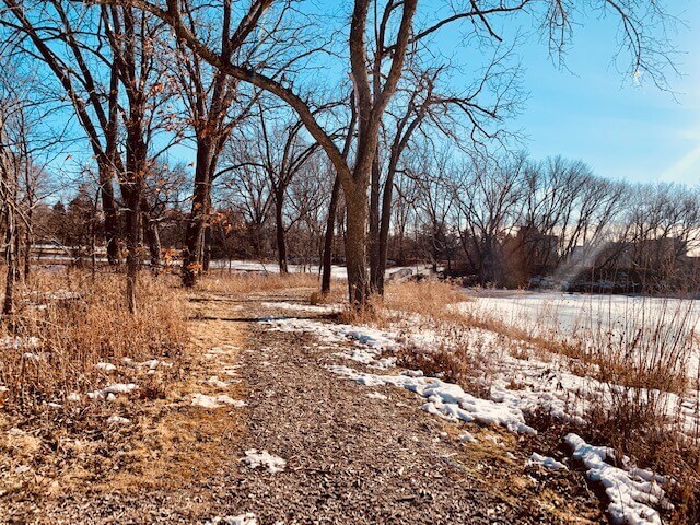 나무-자갈-눈-얼음강이-보이는-산책길