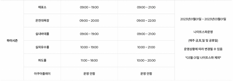 파라다이스 스파 도고 하이시즌 이용시간