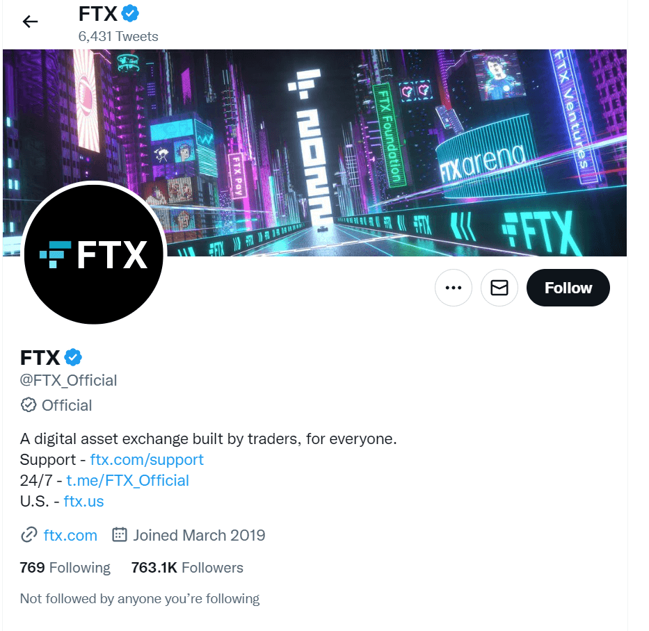 세계3위의 가상화폐거래소 FTX의 트위터