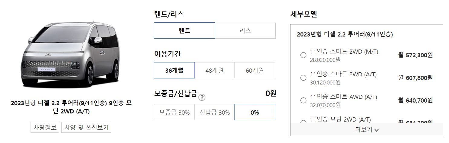 스타리아 장기렌트 가격