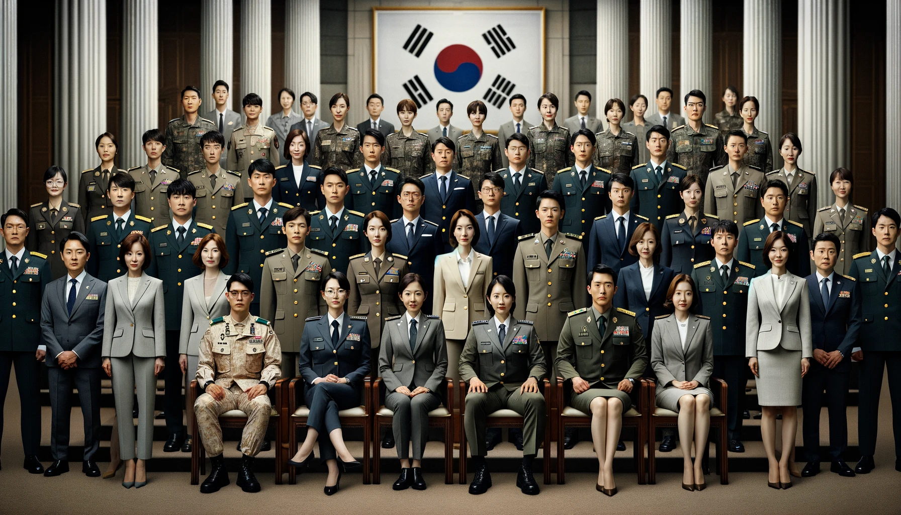 위 이미지는 한국군과 공무원들을 대표하는 20명의 인물들을 공식적인 환경에서 그린 그룹 초상화입니다. 군인과 공무원들은 남녀 각각 10명씩 균등하게 배치되어 있으며&amp;#44; 군복을 입은 남녀 각각 5명씩과 비즈니스 정장을 입은 공무원 남녀 각각 5명씩으로 구성되어 있습니다. 이들은 전문성&amp;#44; 평등&amp;#44; 그리고 국가 봉사의 정신을 표현하는 포즈로 서 있습니다.