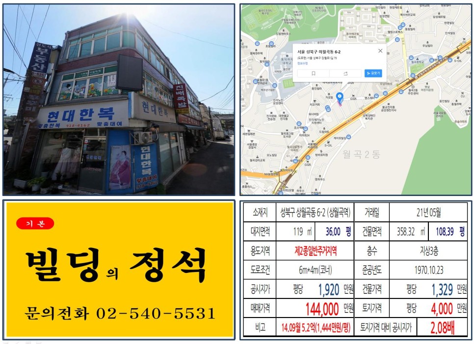  [성북구 덕성여자 대학교 10억 꼬마빌딩 실거래가 조회] 상월곡동 6-2 (상월곡역) 14억 4,000만 원, 평당 4,000만 원 매매되었습니다.
