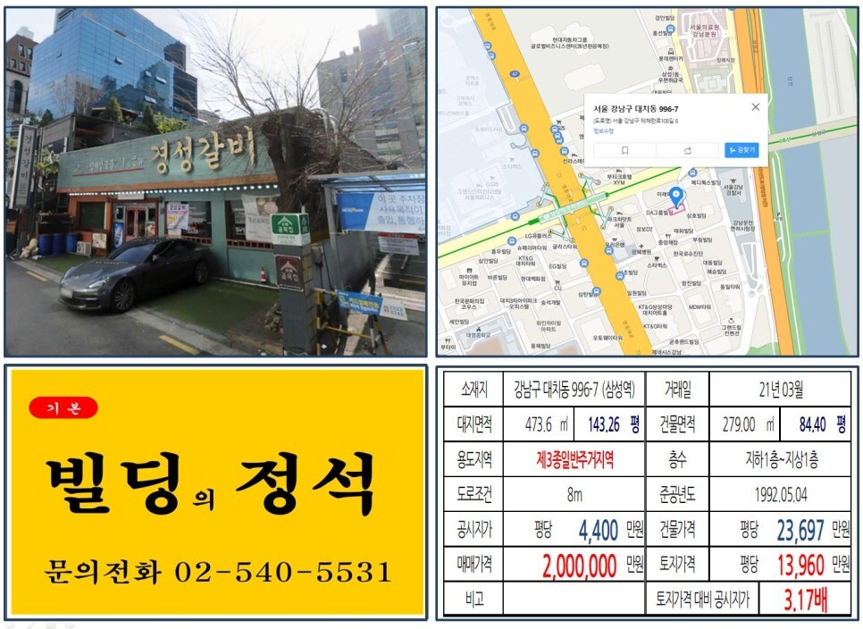  [강남구 현대자동차그룹 글로벌비즈니스센터 200억 신축부지 실거래가 조회] 대치동 996-7 (삼성역) 200억 원, 평당 1억 3,960만 원 매매되었습니다. KT&G 상상마당