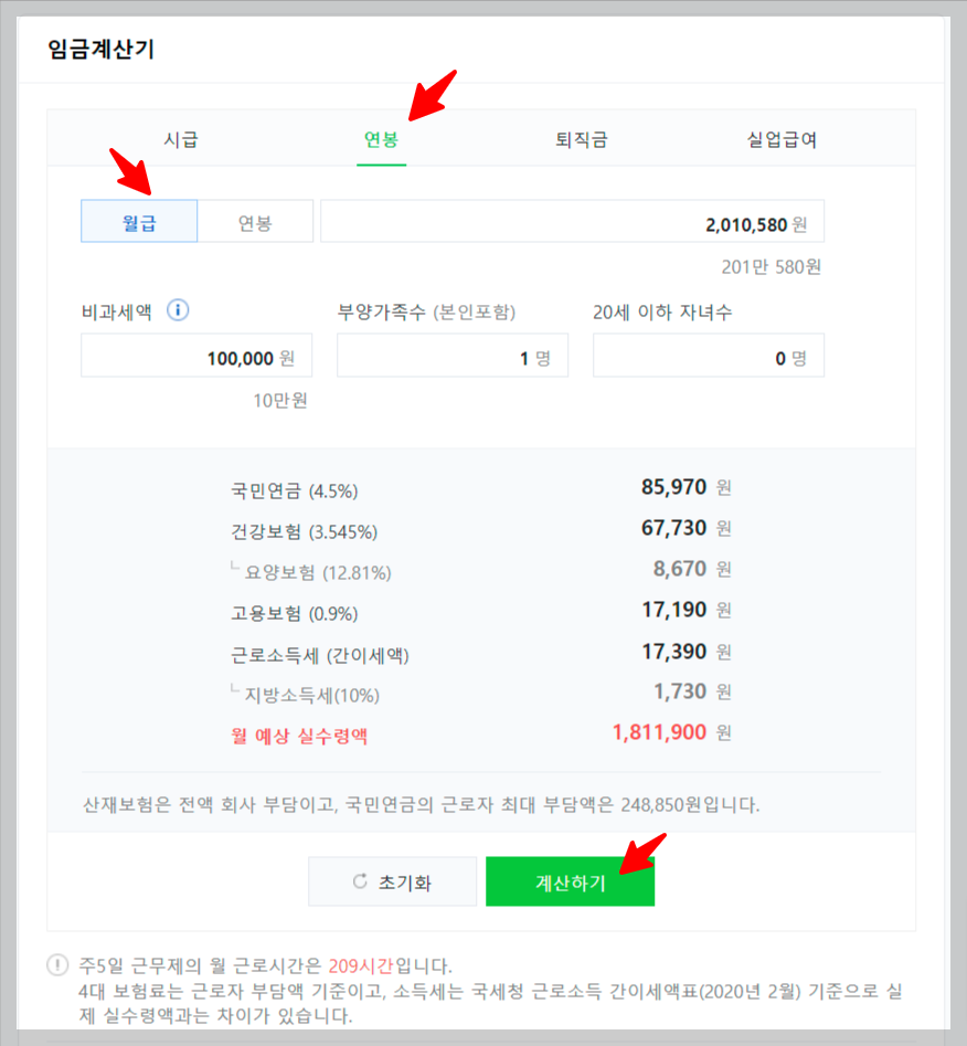 최저임금에서 4대보험과 세금을 공제한 실수령액 기준의 월급계산표