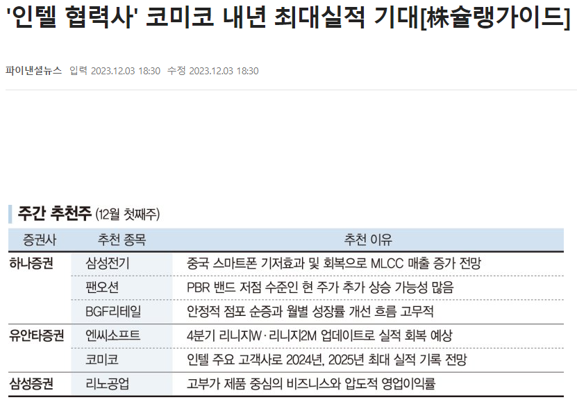 인텔 협력사 코미코