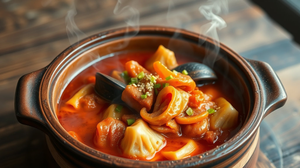 뚝배기나 냄비에 먹음직스럽게 담긴 골뱅이김치찜. 김이 모락모락 피어오르고, 푹 익은 김치와 골뱅이가 잘 어우러진 모습.