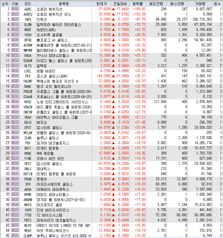  7월25일 미국주식 상승률 상위 종목 TOP 300