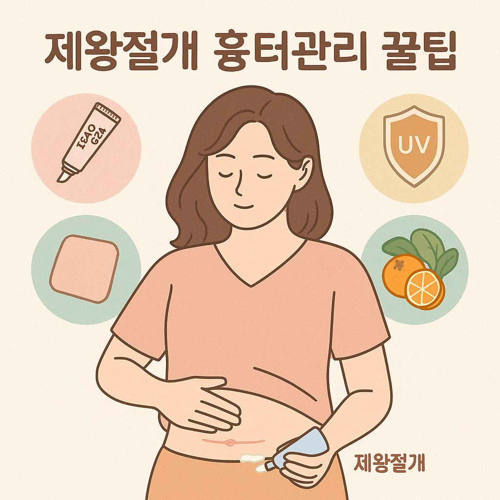 제왕절개 흉터 부위에 연고를 바르고 있는 산모 일러스트