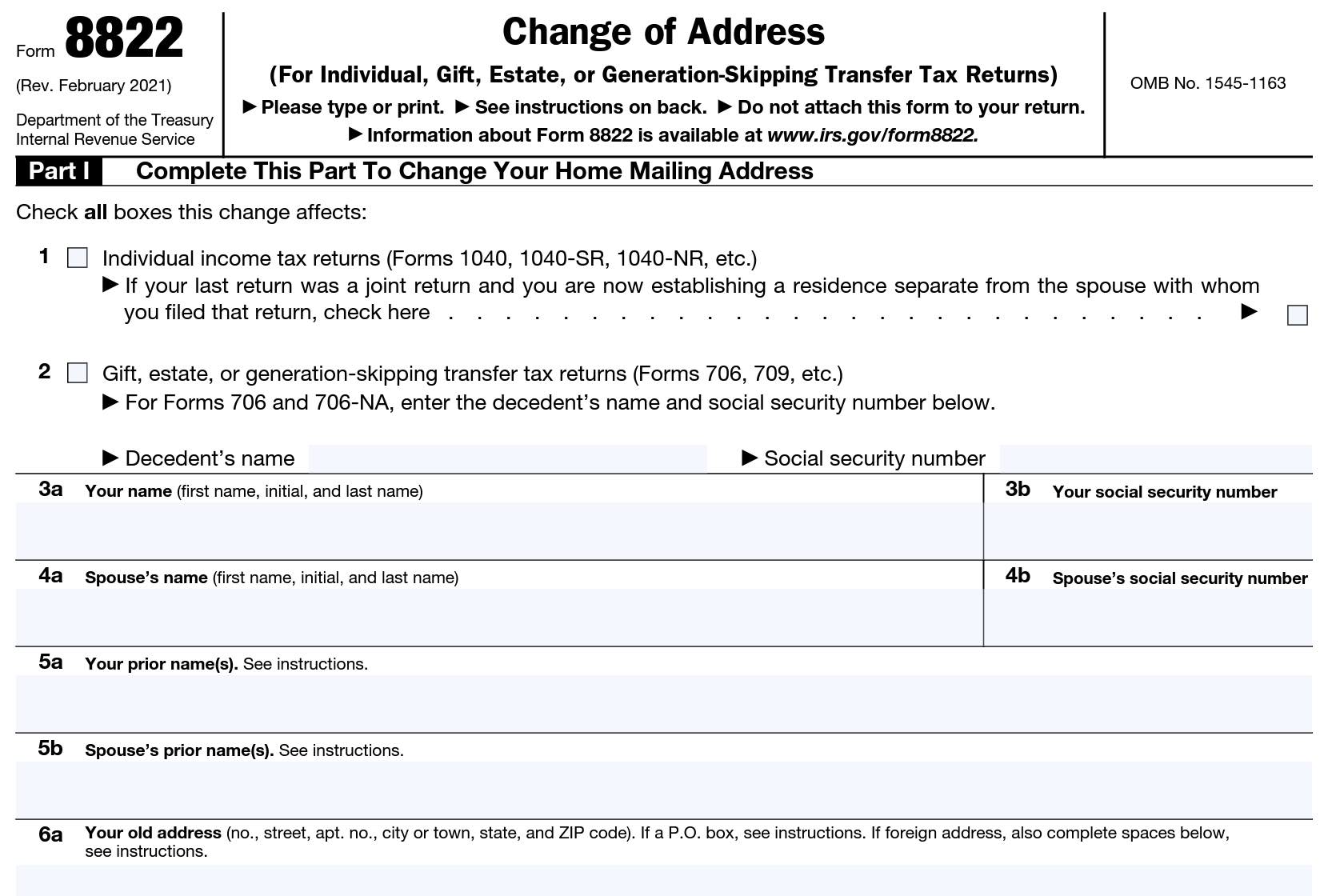 screenshot of form 8822&#44; which is used to report a change of address to IRS