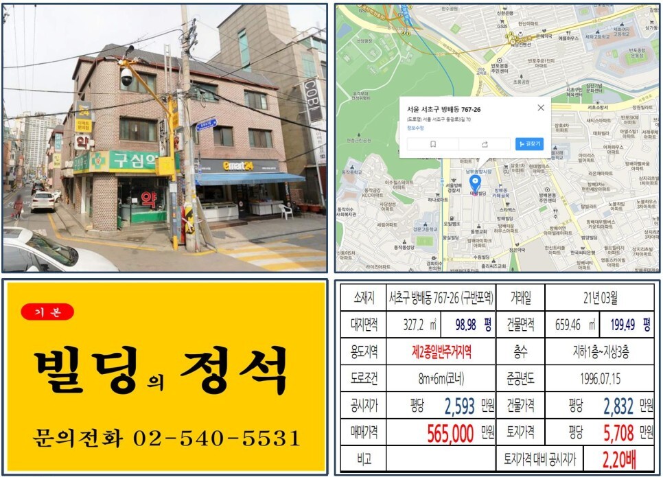  [서초구 방배6구역 50억 꼬마빌딩 실거래가 조회] 방배동 767-26 (구반포역) 56억 5,000만 원, 평당 5,708만 원 매매되었습니다. 방배동 카페골목, 반포주공 재건축