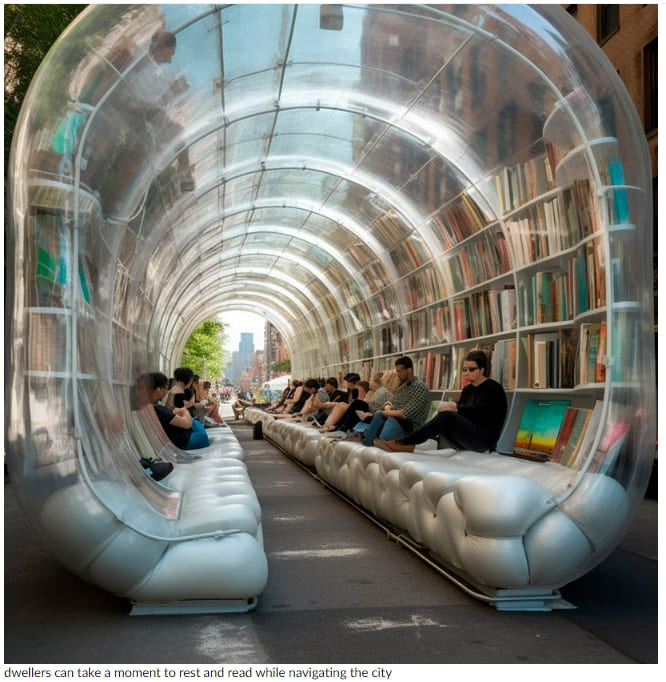 도시의 아늑한 독서실 같은 공기 주입식 버스 정류장 Inflatable bus stops double as cozy reading nooks in the city in ulises’ midjourney series